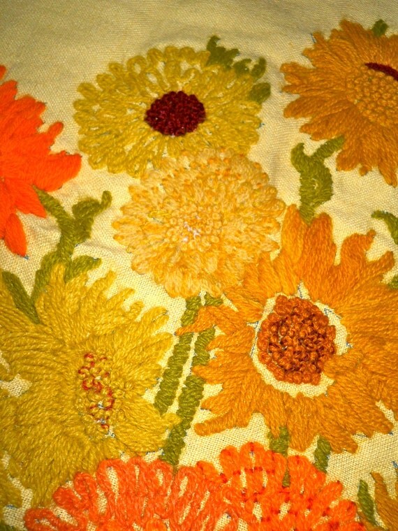 Vintage Floral Embroidery Crewel Art 1970s