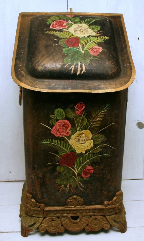 Vintage Antique Tole Painted Coal Bin Late 1800's