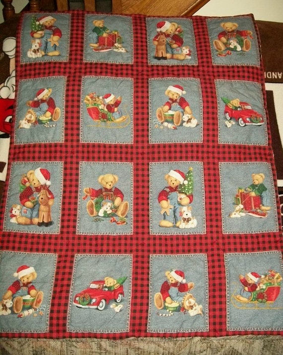 Christmas Blue Jean Teddy Bear Baby Blanket by UniqueBabyBlankets