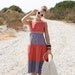 VTG 1970s 70s Blue & Red Striped Floral Day Dress w/ Waist Tie S/M