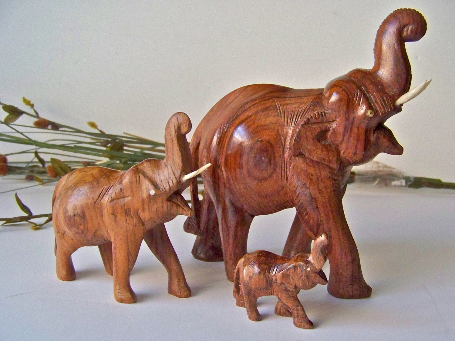 Vintage Wood Elephant Trio Ivory Tusks and Eyes
