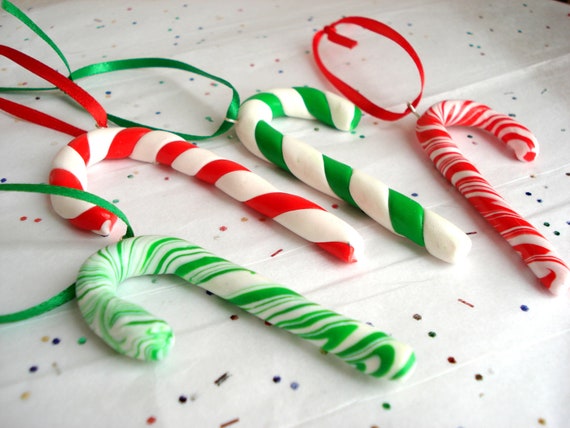 Candy Cane Ornaments, Polymer Clay Candy Cane Ornaments, Set of 4