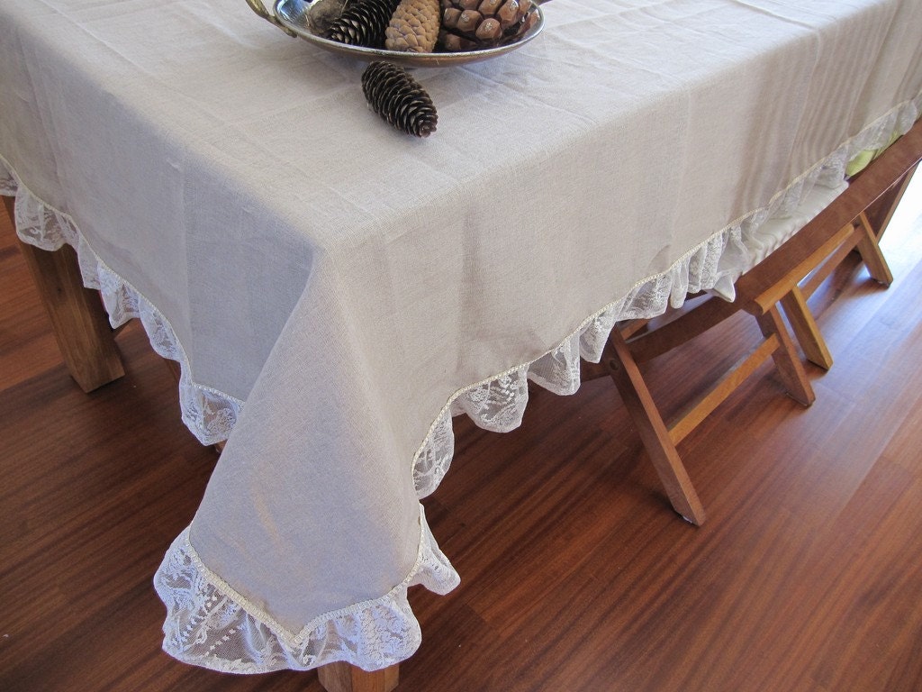 Shabby chic Ruffle linen tablecloth 84 120 rectangle Lace