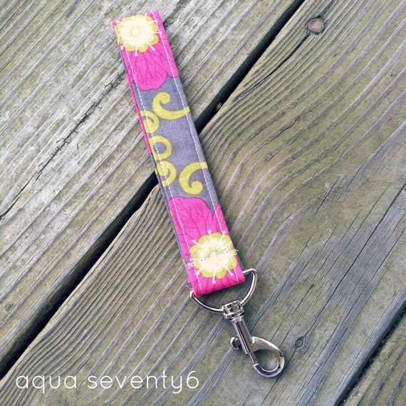 Floral Pink and Gray Fabric Wrist Lanyard Key Ring