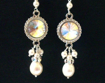 Pearl chandelier rhinestone earrings, white pearl dangles, Austrian crystal Aurora Borealis set stone, Sterling hooks, pearl bridal jewelry