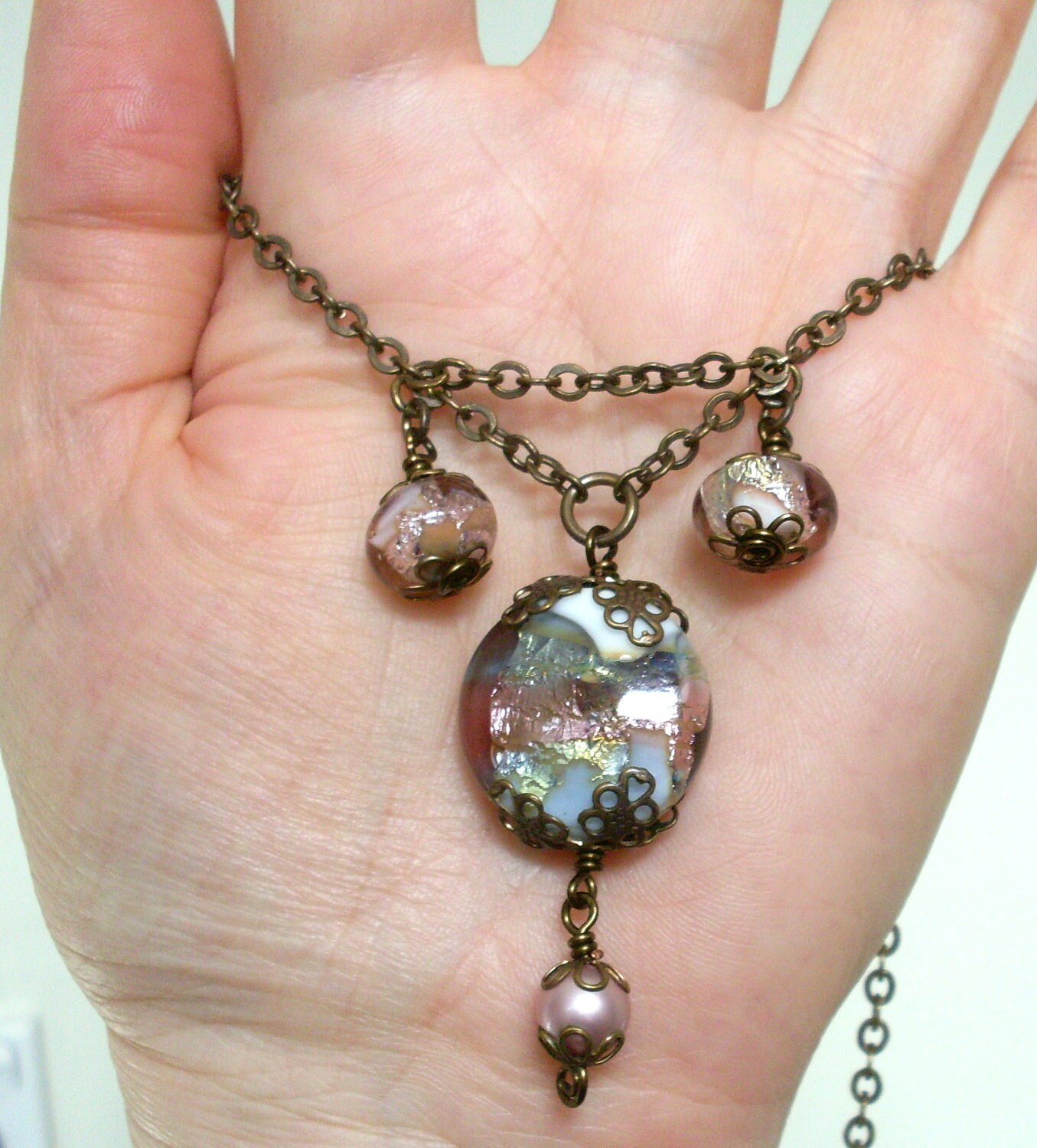 Art glass pendant necklace. Antiqued brass by ArtfulTrinkets1