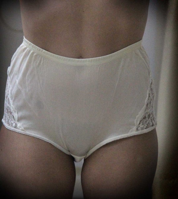 1970's silky high waisted panties with lace side panels.