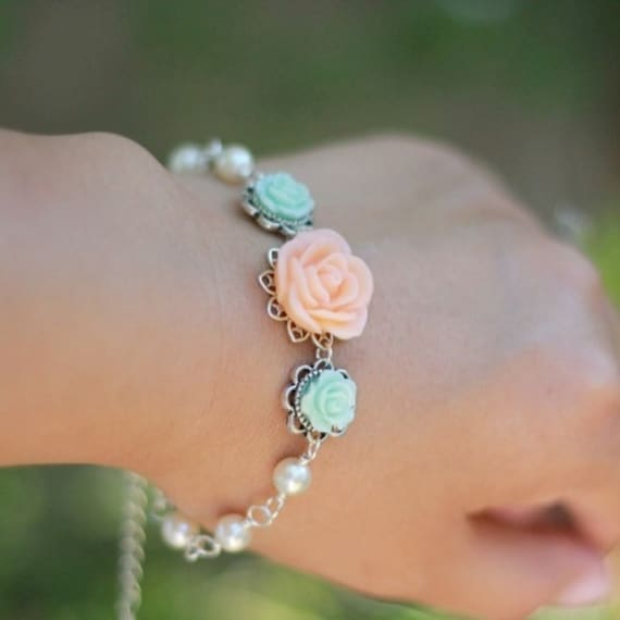 Peach Rose and Pastel Green Roses with Ivory Swarovski Pearls Bracelet Jewelry Gift for Her. Free Shipping.