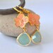 Gold Dangle Earrings with Coral Orange Flower and Aqua Teardrop. Dangle Earrings in Gold. Fashion Earrings.