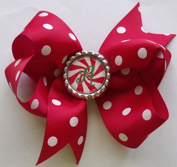 Items similar to Christmas Hair Bow Red Polka Dot Bottle Cap Hair Bow