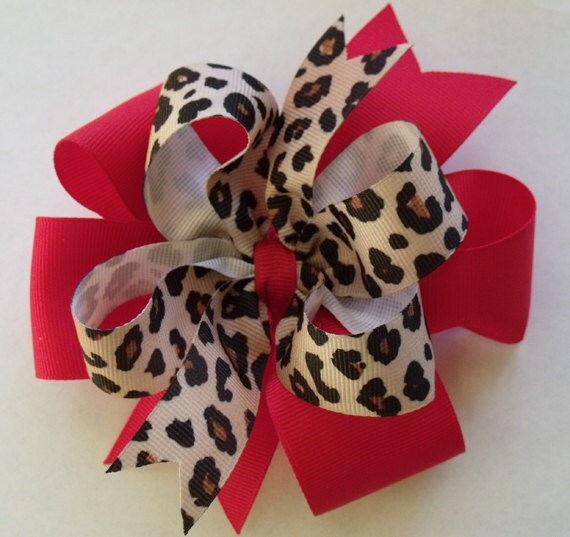 Hair Bow Red with Leopard Print Grosgrain Ribbon-Christmas