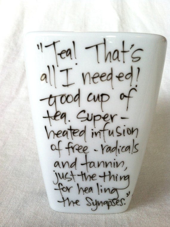Doctor Who "Good cup of tea" Tenth Doctor Quote Mug with Sonic Screwdriver and TARDIS - Hand-painted, square white cup