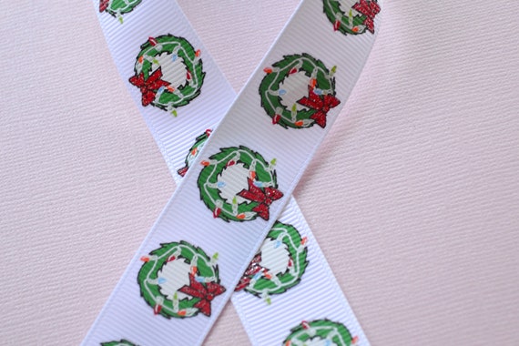 Christmas wreaths on white 7/8" grosgrain ribbon Christmas Il_570xn