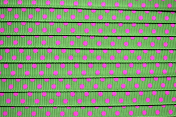 sale-Apple Green 3/8" grosgrain ribbon with hot pink polka dots-sale Il_570xn