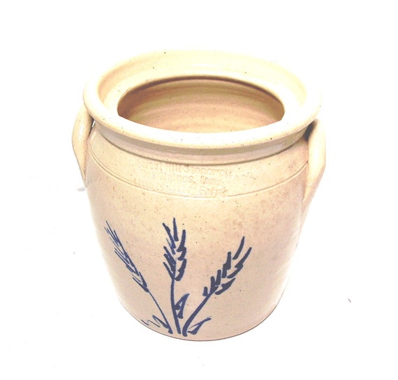 Vintage Stoneware Crock Salt glazed beige Utensil Cobalt blue