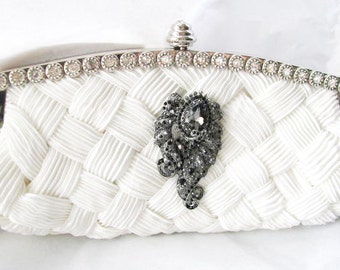 Black and White Bridal Wedding Bag Clutch Formal Wear with Large Rhinestone Brooch Bridal wedding clutch evening bag