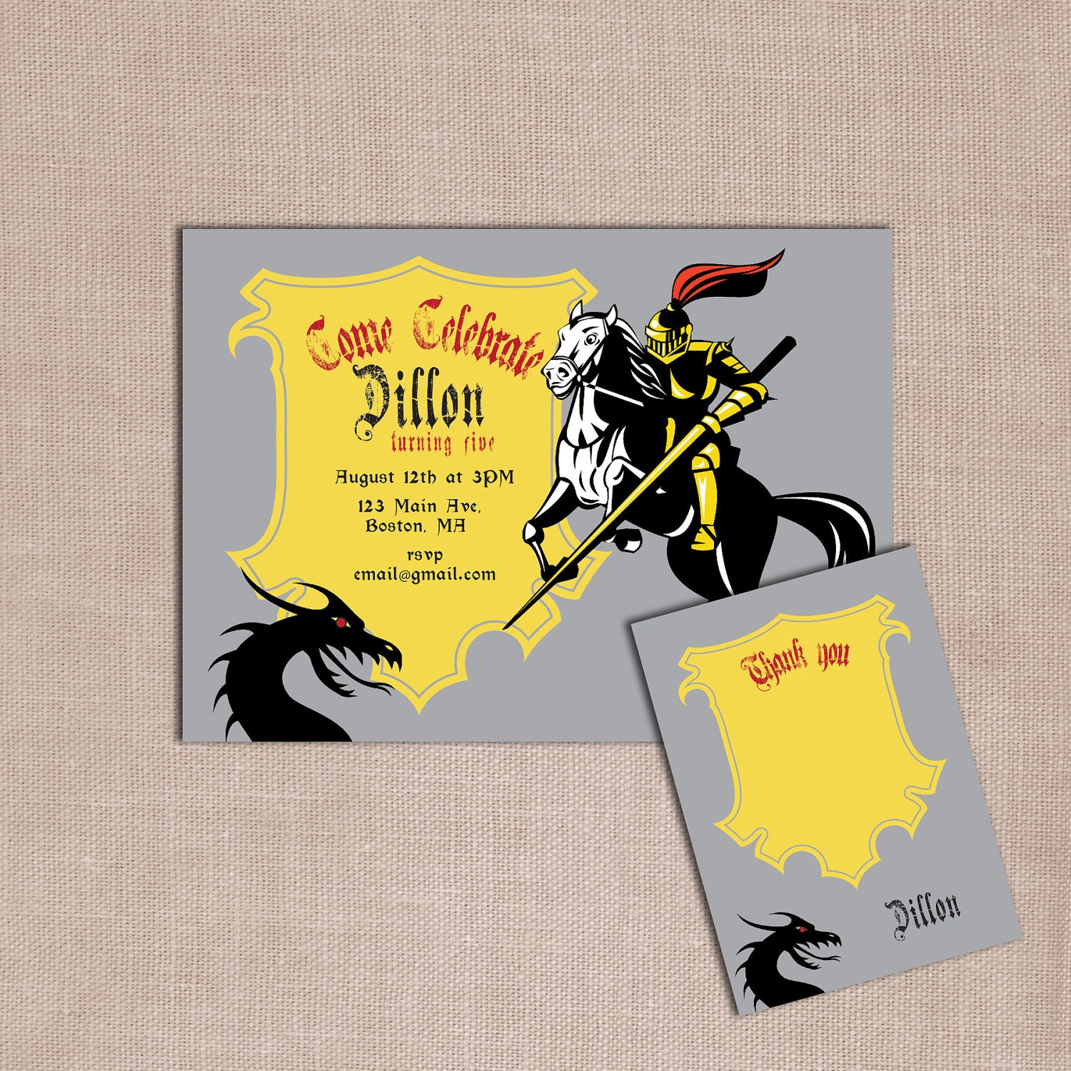 Knights and Dragons birthday party invitations and matching