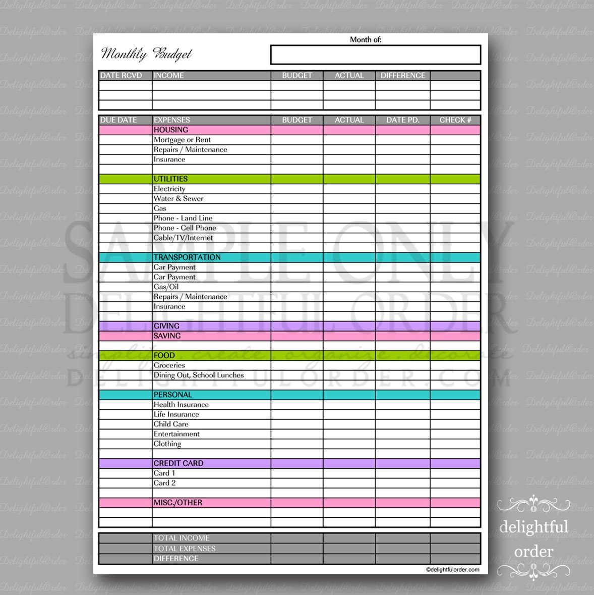 colorful monthly budget form pdf printable file instant