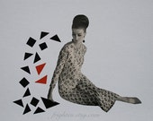Retro Paper Collage, One of a Kind Mod Geometric Art, Geometrica, Black and Gray Blue Art