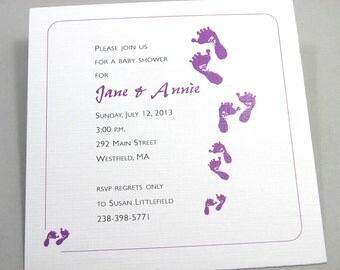 Baby Shower Invitation Custom Adoption Purple Baby Footprints Birth Announcement