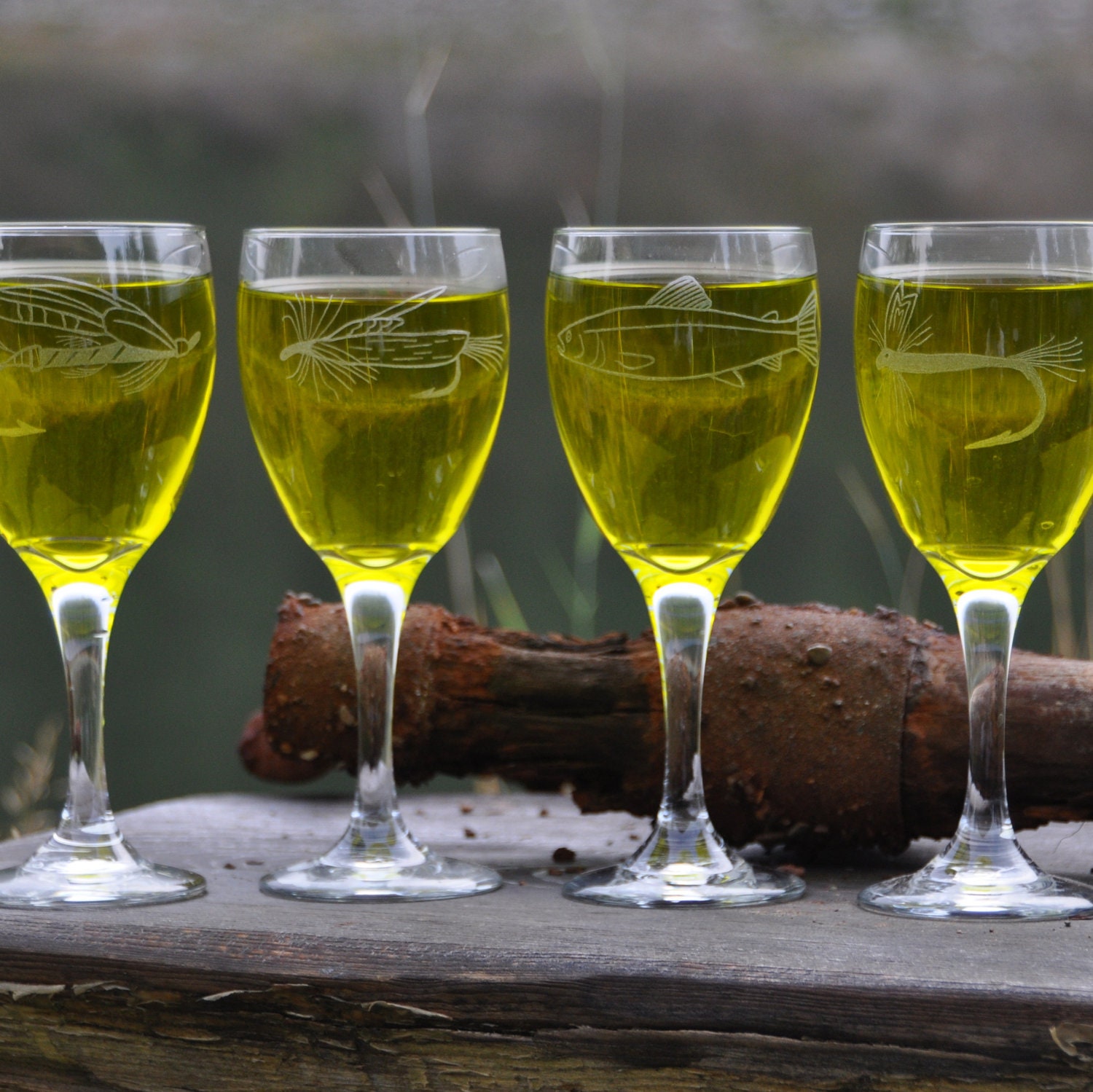 White Wine Glasses Etched With Fly Fishing Theme