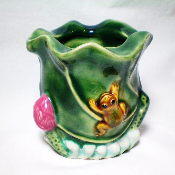 Vintage Frog Majolica Pottery Planter Vase 1950