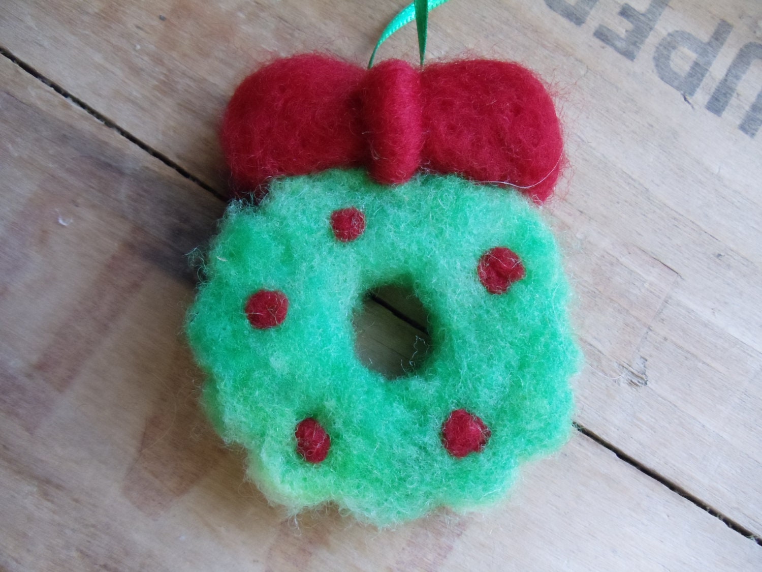Wooly Green and Red Christmas Wreath Ornament Needle Felted Christmas Decor