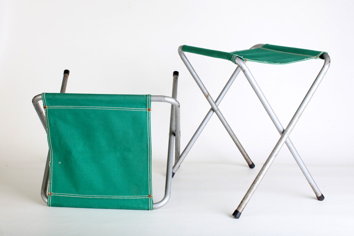 Vintage Green folding metal camp stools set of two