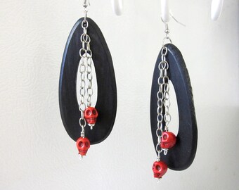 Skull Earrings Day of the Dead Earrings Sugar Skull Jewelry Wood Red Skulls