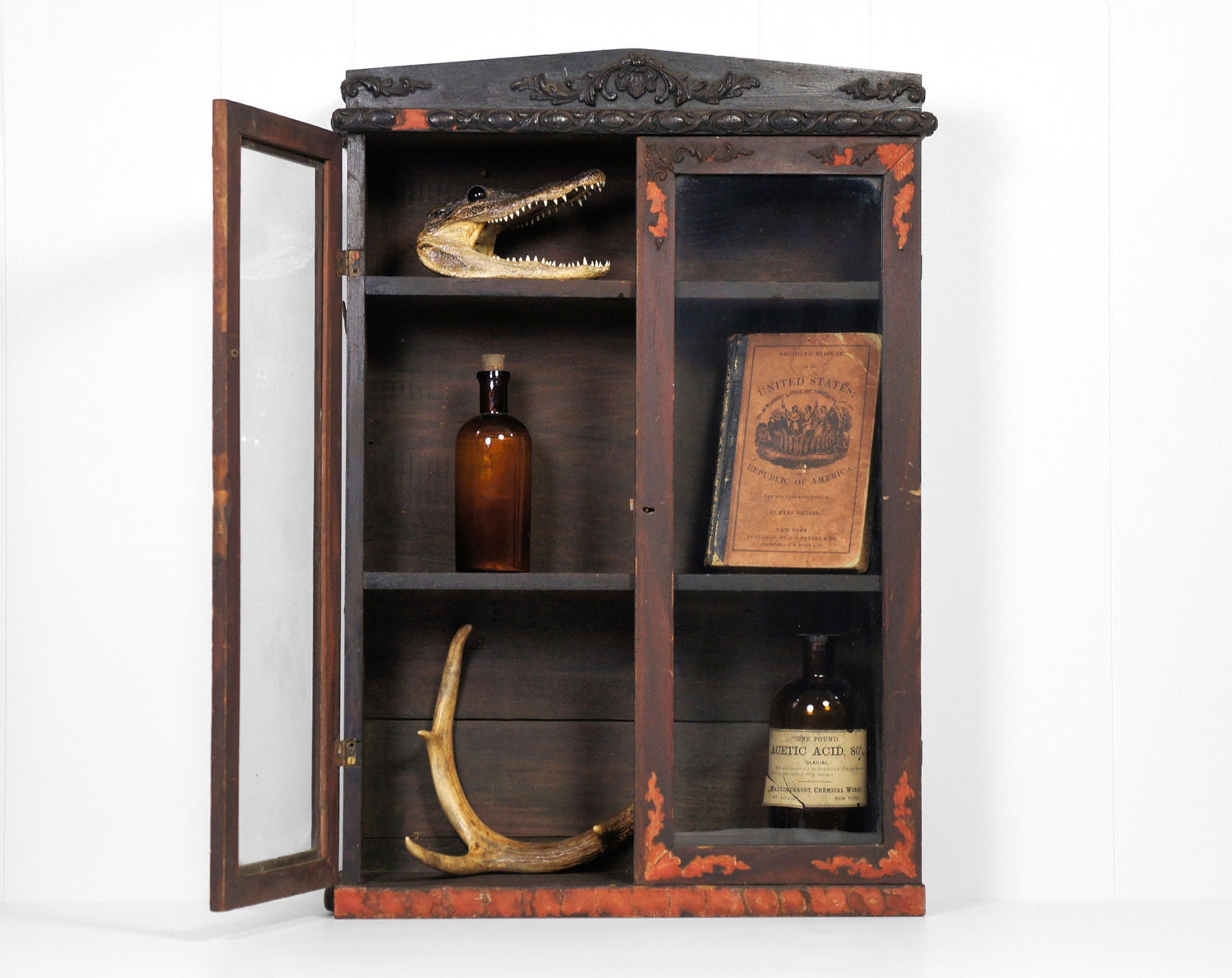 1800's by  vintage apothecary w/ Apothecary HoofAndAntler Antique cupboard Glass Doors Cabinet