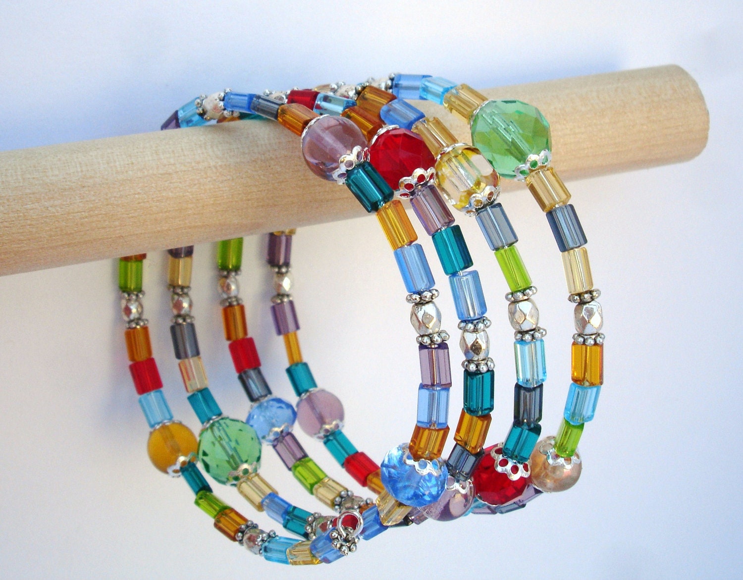 Multi-Color Beaded Memory Wire Bracelet by RetroRingsByTammy