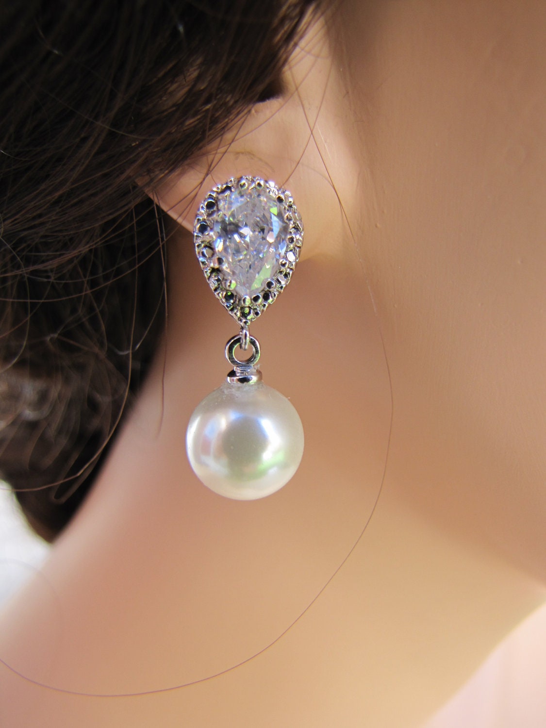 Bridal pearl drop earrings cubic zirconia with South sea