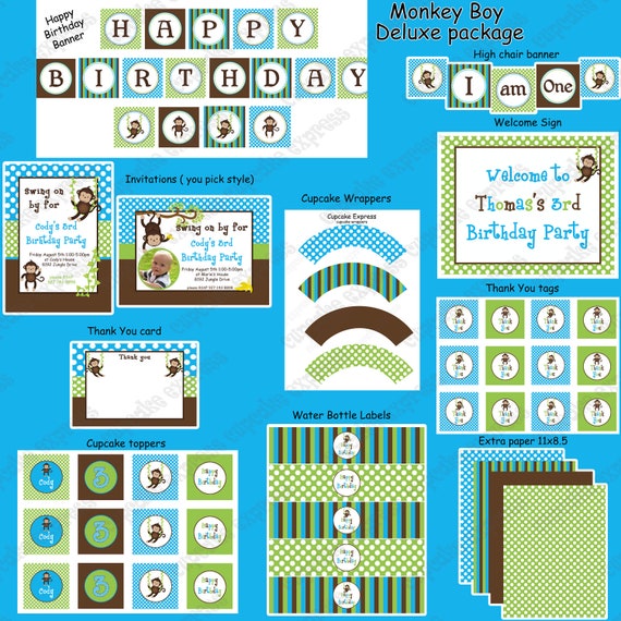 DIY Boy Monkey Birthday Deluxe Collection PRINTABLE Party Package Cupcake toppers Invitation blue green Il_570xn