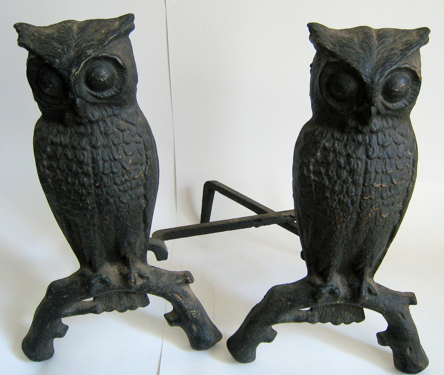 Vintage Black Owl Cast Iron Andirons Fireplace