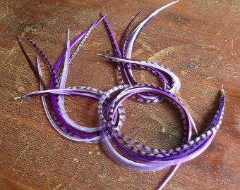 Purple Feather Hair Extension Violet Lavender Grizzly 18 Loose OR 3 Bonded Bundles Of 6 Hair Feather Extensions, Hair Accessories