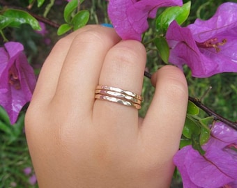 Stacking Rings, 3 Gold Hammered Bands, Textured, Christmas Gift Idea, Stocking Stuffer, Handmade Hawaii Jewelry, Stack Ring, Boho Fashion