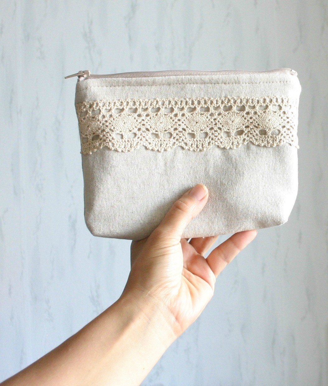Linen and lace cosmetic bag zipper pouch makeup by HelloVioleta