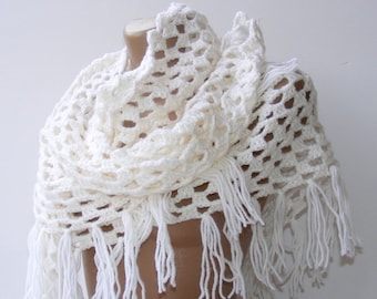 white crocheted shawl , women shawl, white wedding ,neckwarmer, gift shawl, for her