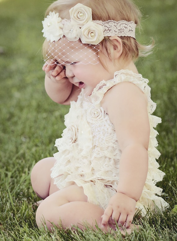 Lace Petti Baby Romper, Ivory with Flowers and Rosette Embellishments, Baby Rompers