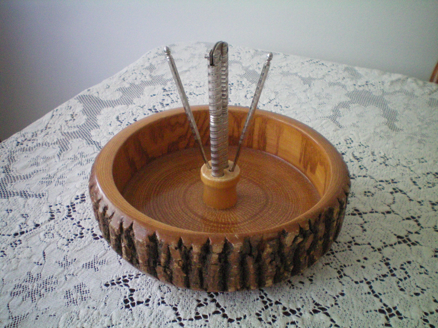 Vintage Wooden Nut Bowl with Nut Cracker and Picks