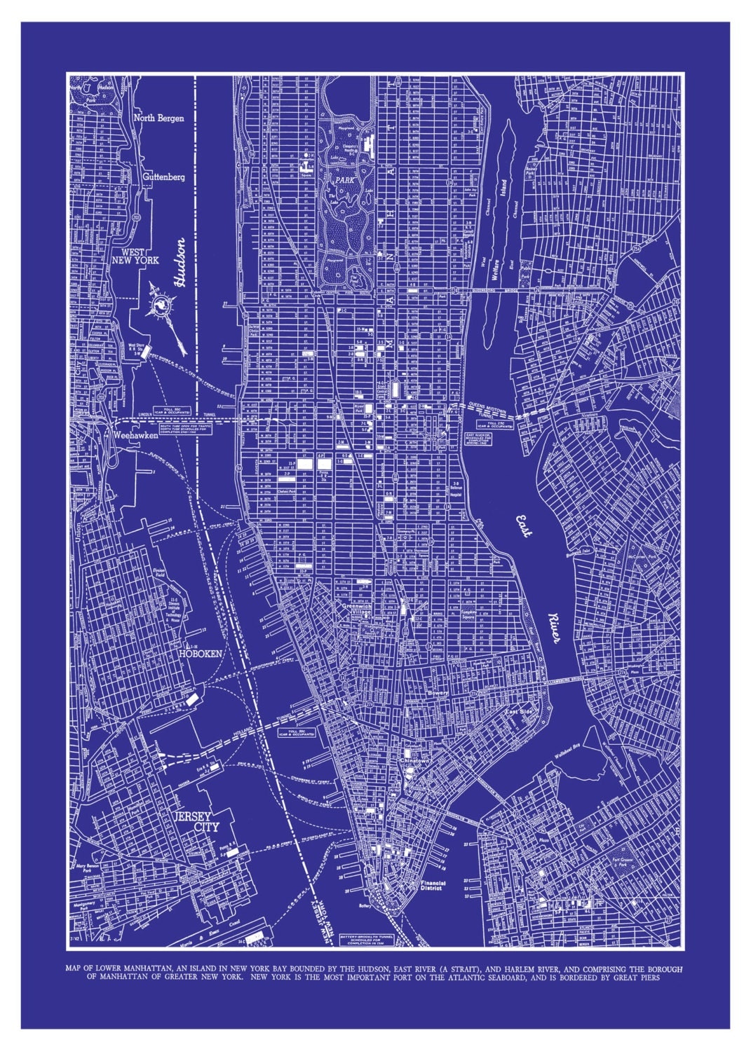 New York City Map Manhattan Street Map Vintage Blueprint