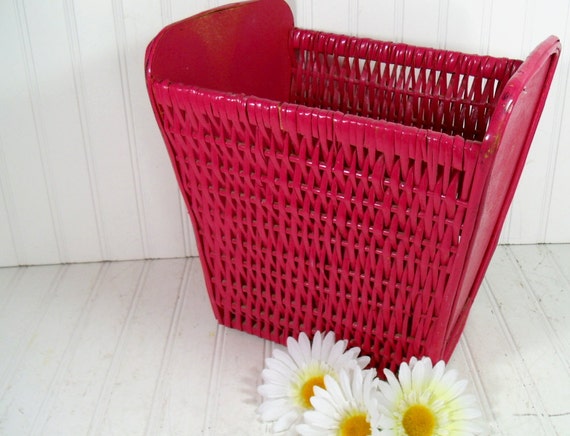 Small Fuschia Waste Basket Vintage Raspberry Wicker and Wood