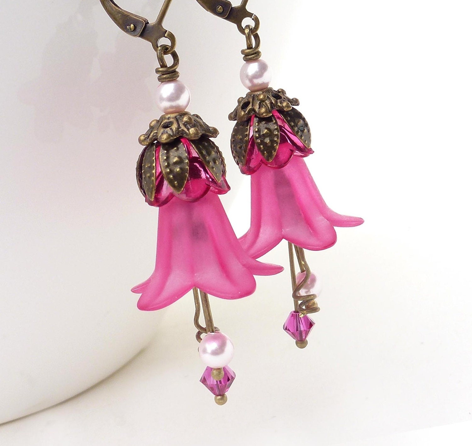 Bright Pink Lucite Flower Earrings Pink Flower Earrings Hot