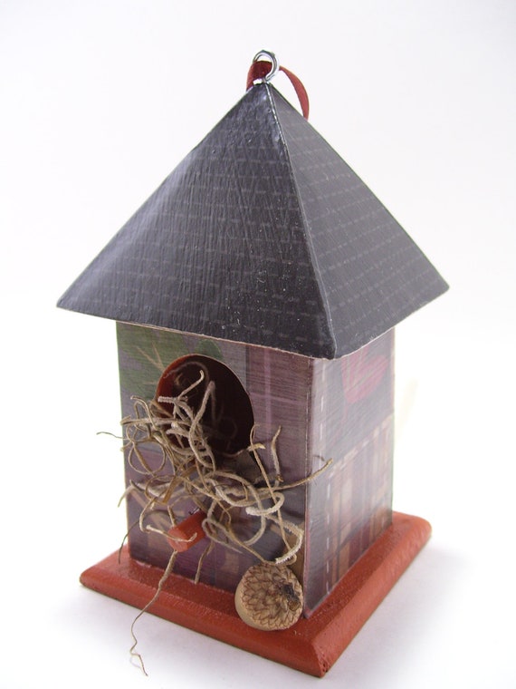 Acorn Plaid Decoupaged Birdhouse