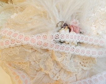 3 yds - White trim - pink center - Romantic trim,