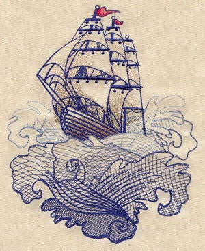 Ship Seven Seas Tattoo Style Embroidered Flour Sack Hand/Dish