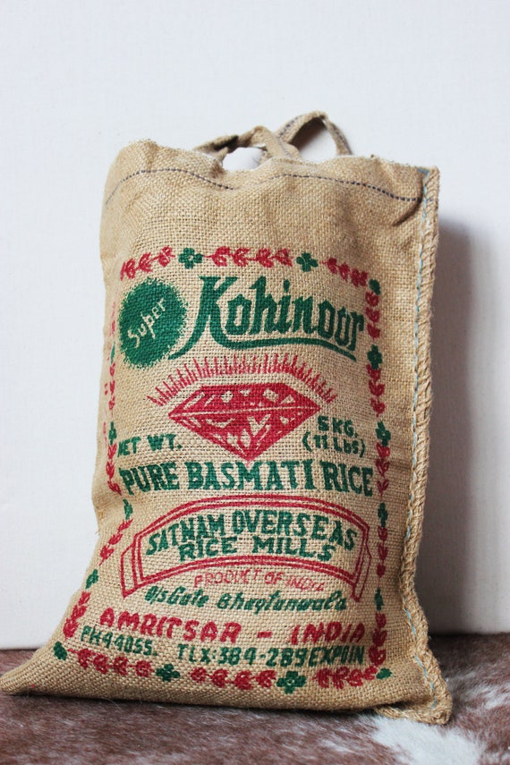 Vintage Tote Burlap Basmati Rice Bags from India Set of 2