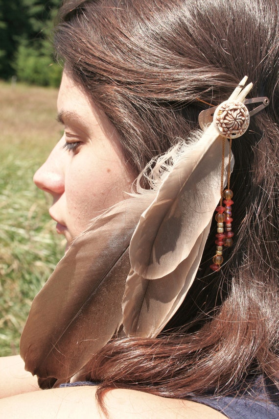 Items similar to Native American Inspired Bead and Feather Hair Clip on