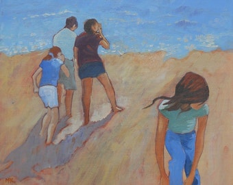 Seaside Oil Painting "Children on the Beach". Original Artwork. 12 x 12. Free Shipping. Ready to Hang.