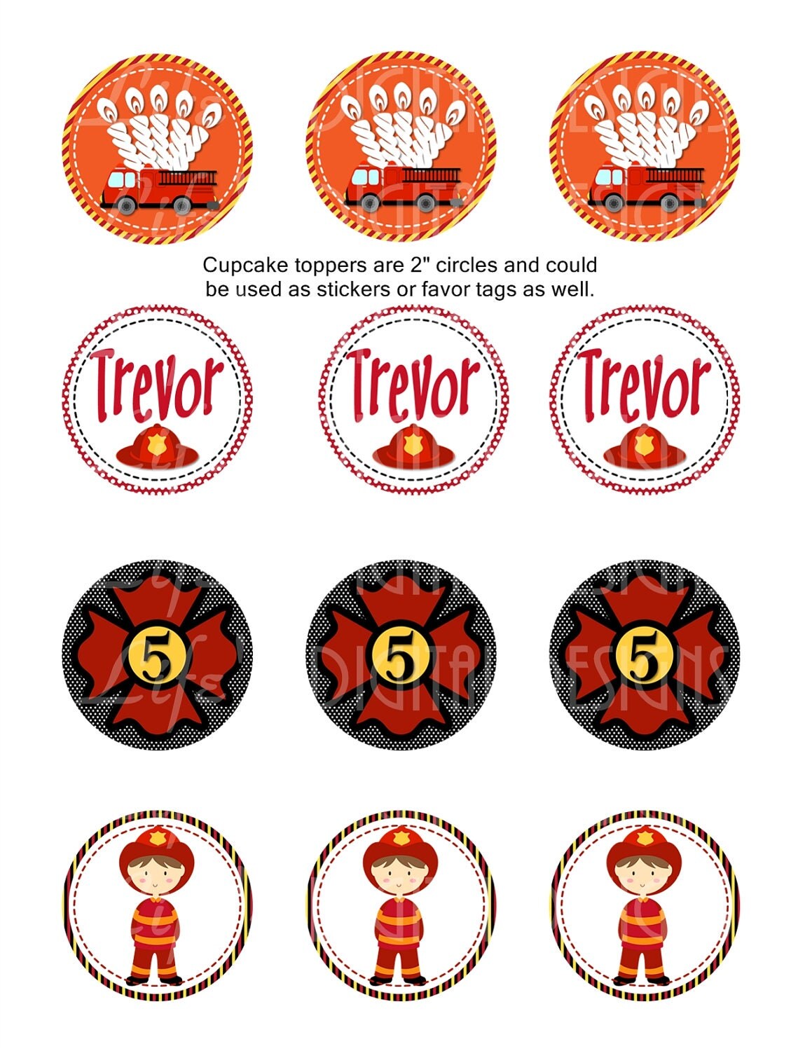 Fireman Cupcake Toppers 2 Birthday Favor Tags Stickers